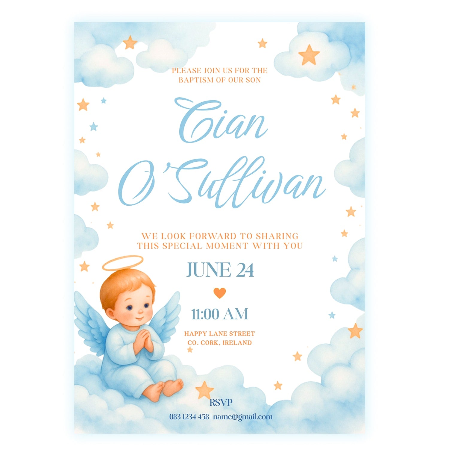 Handmade Invitations | Printarelle | Blue Angel Baptism Invitation | Personalised Christening Invite Mark this sacred