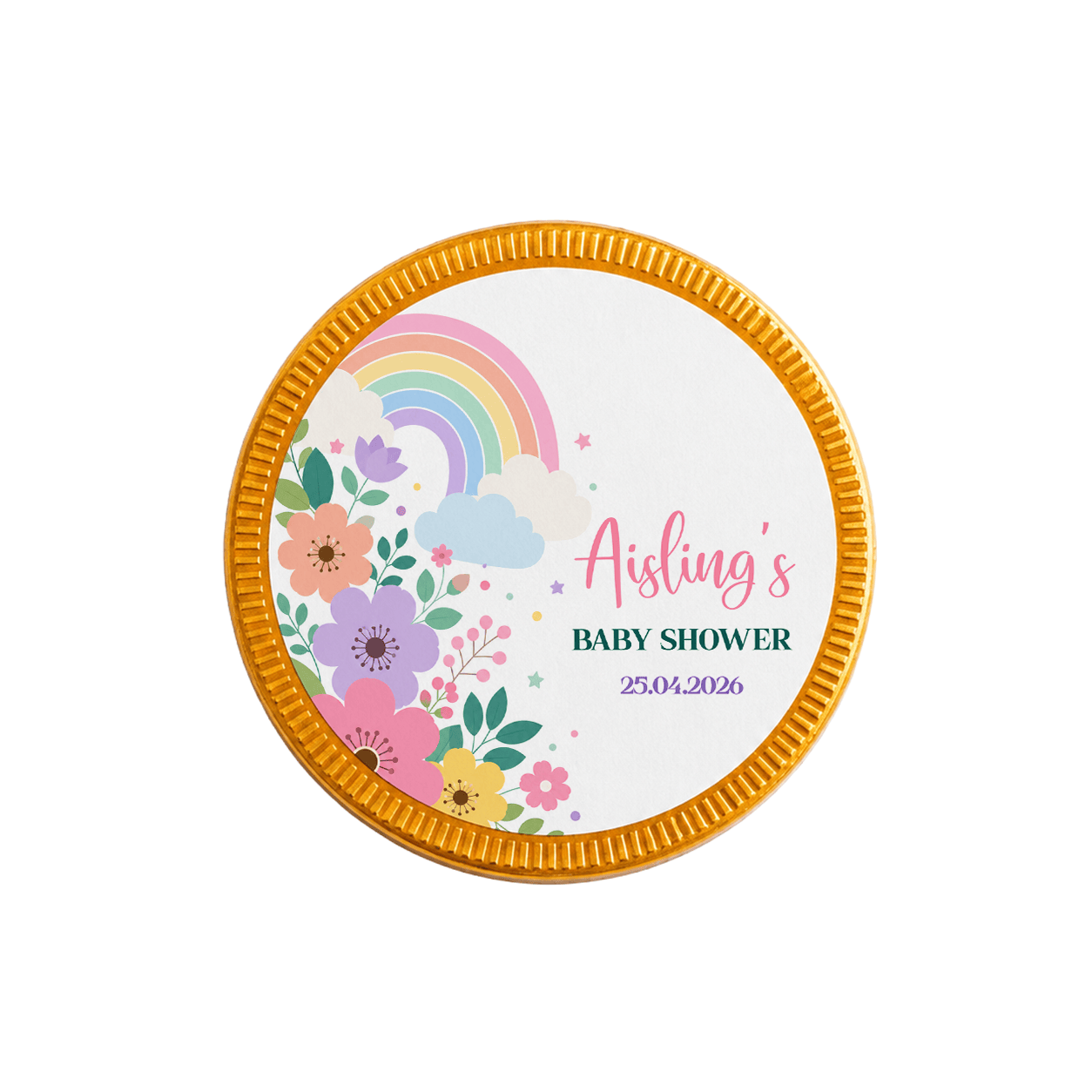 Rainbow Bloom Baby Shower, Personalised Chocolate Coins