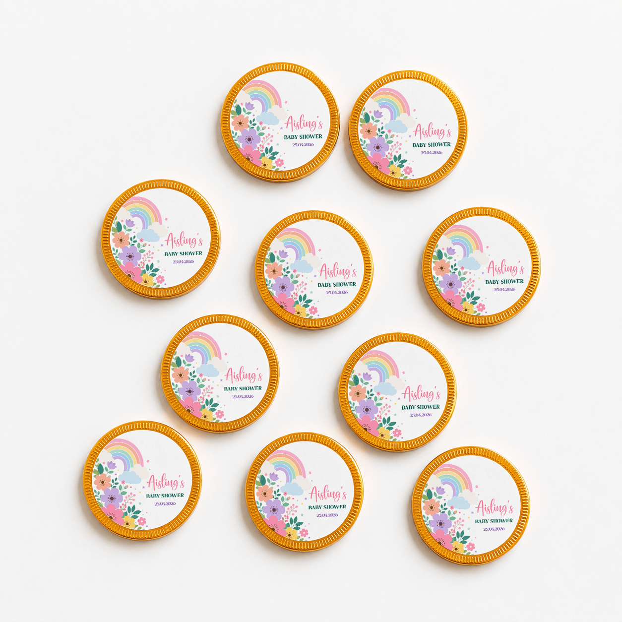 Rainbow Bloom Baby Shower, Personalised Chocolate Coins