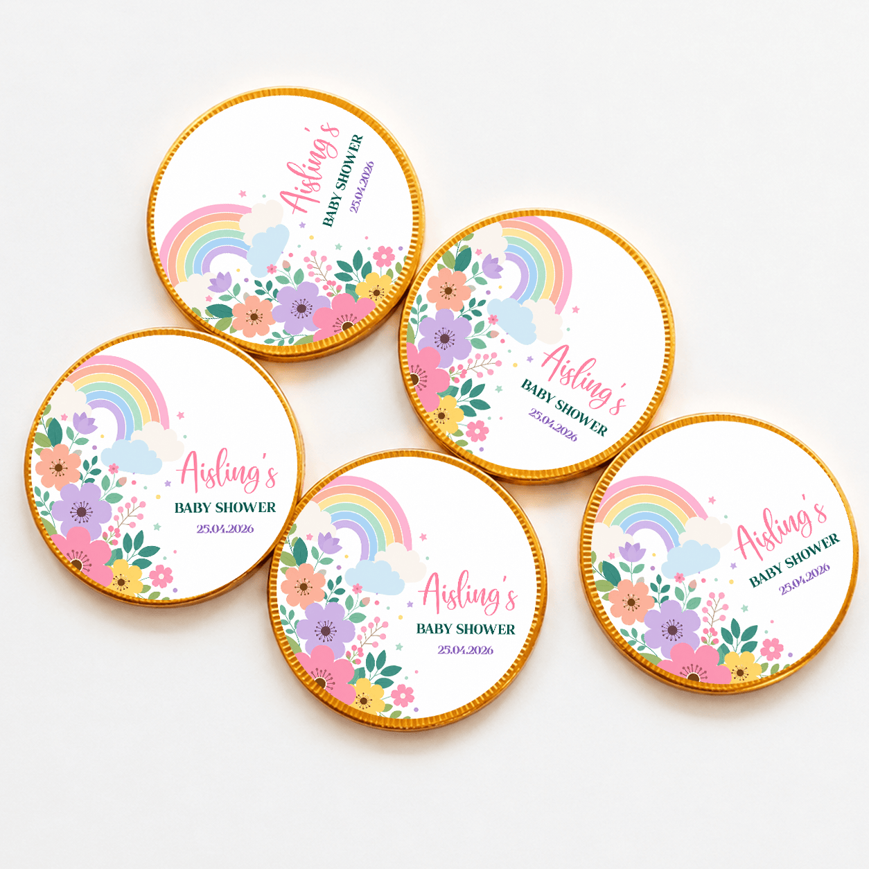 Rainbow Bloom Baby Shower, Personalised Chocolate Coins