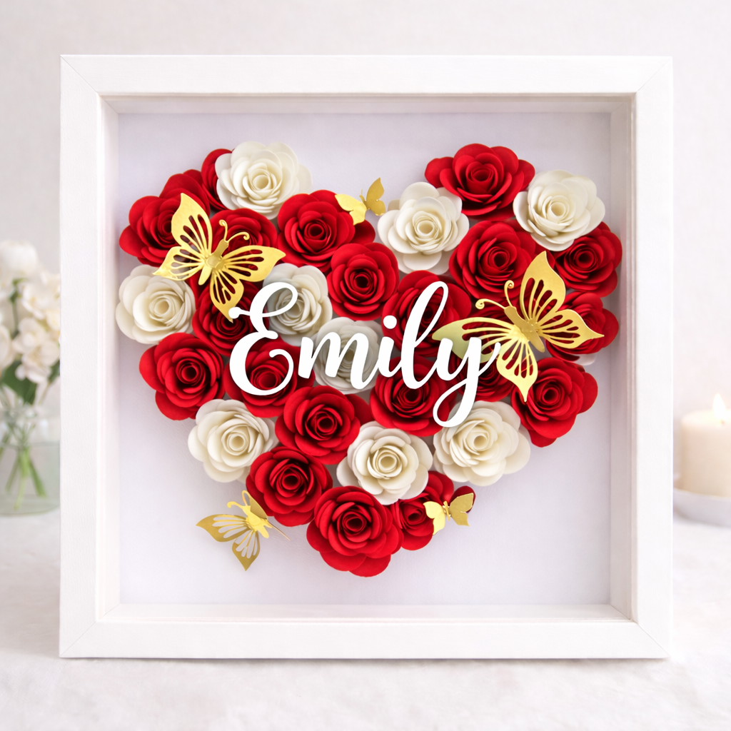 Personalised Flower Heart Shadow Box Frame 25x25cm - Handmade in Ireland