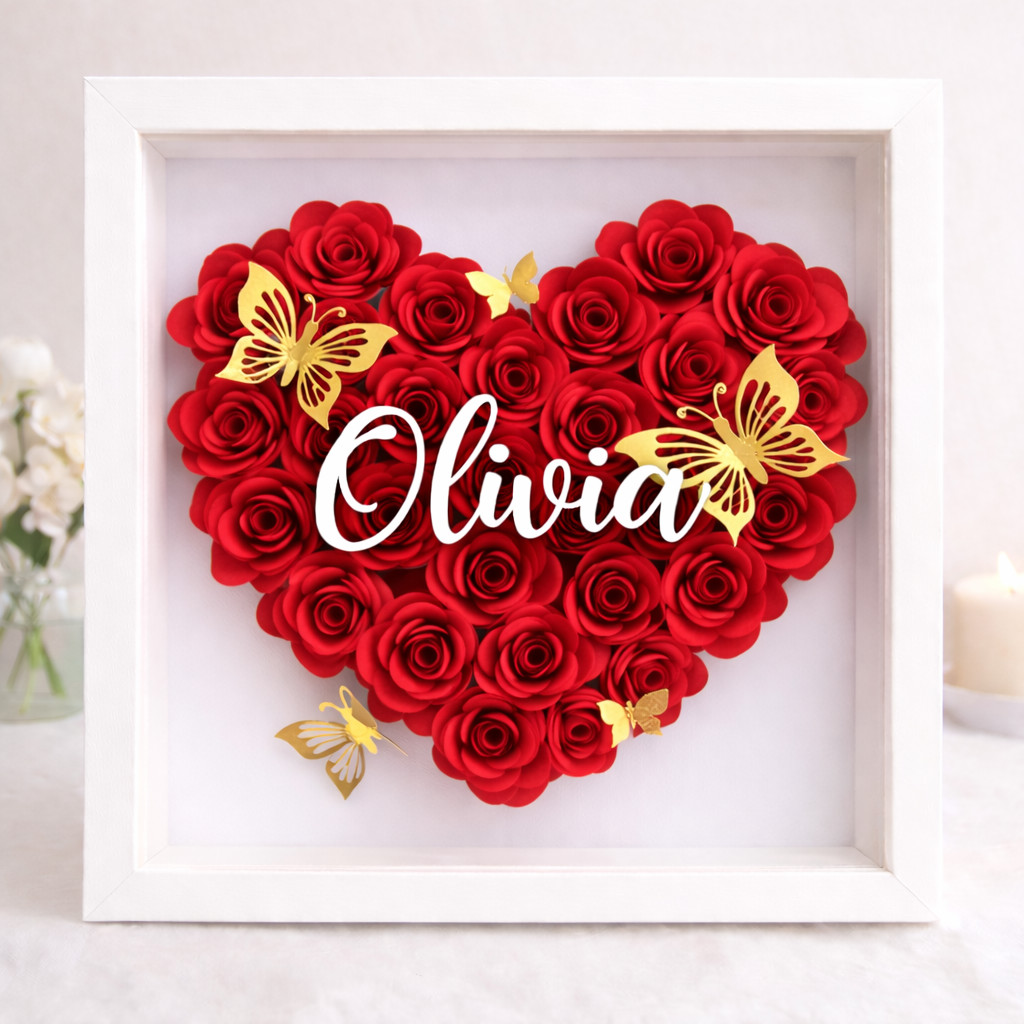 Personalised Flower Heart Shadow Box Frame 25x25cm - Handmade in Ireland