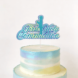 First Holy Communion Cake Topper - Holographic Rainbow Script with Praying Boy