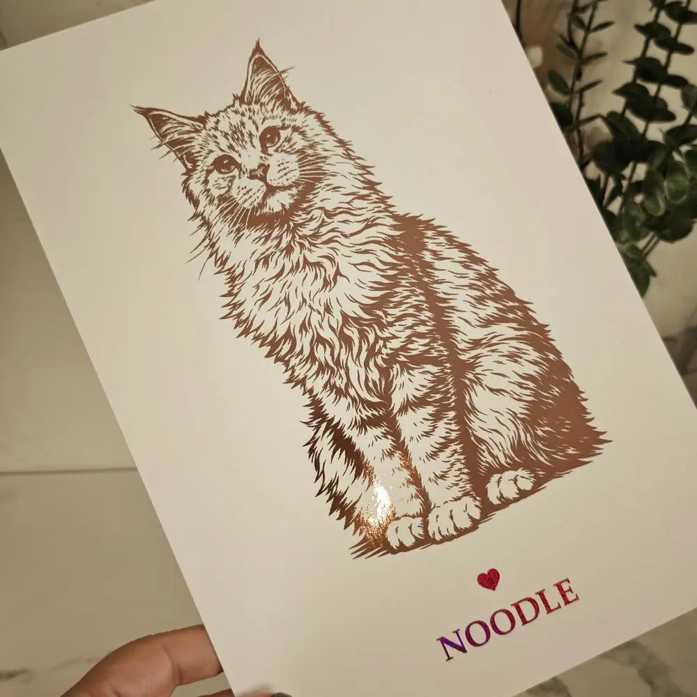 Rose gold foil line art cat portrait example