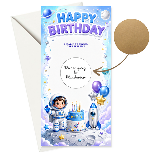 Space astronaut birthday scratch card with gold reveal panel and rocket illustration on handmade Irish cardstock