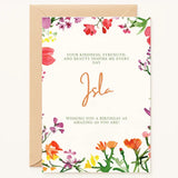 Personalized watercolor floral birthday card for her with vibrant pink and orange blossoms on a cream background