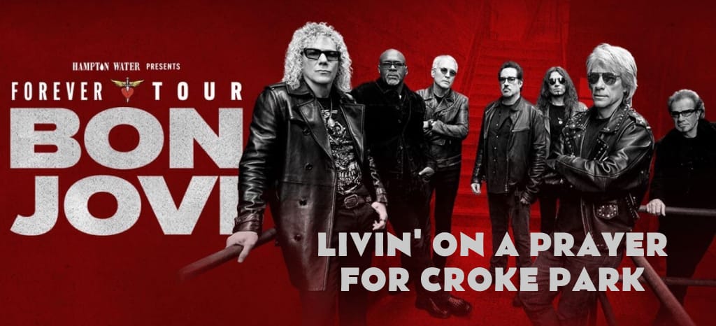 Bon Jovi concert at Croke Park stadium Dublin with crowd and lights. Jon Bon Jovi singing on stage.