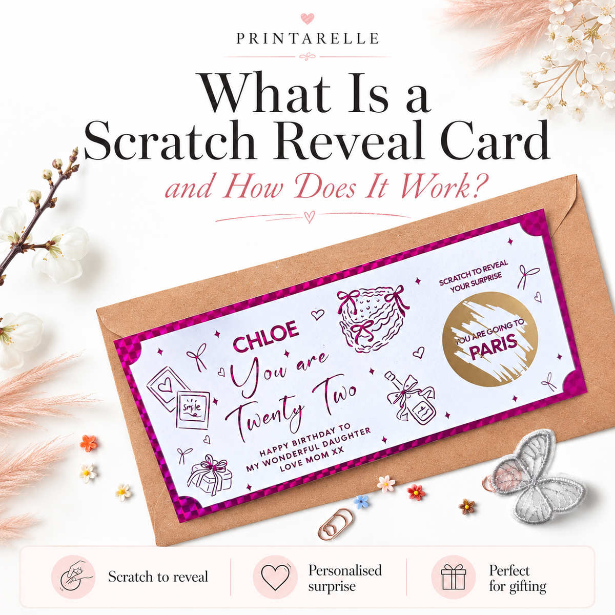 Scratch reveal card with envelope on a decorative background, featuring Printarelle branding.