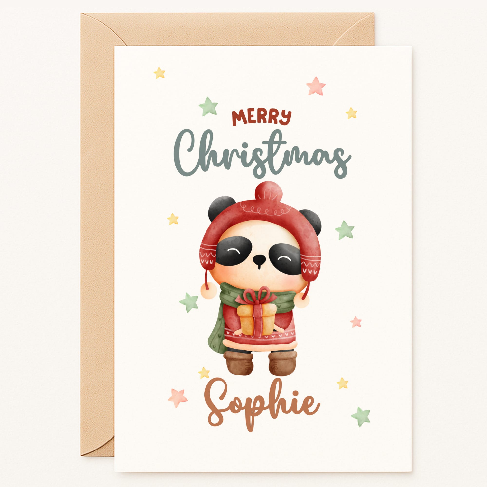 Christmas card with a panda wearing a hat and scarf, holding a gift, with 'Merry Christmas Sophie' text.