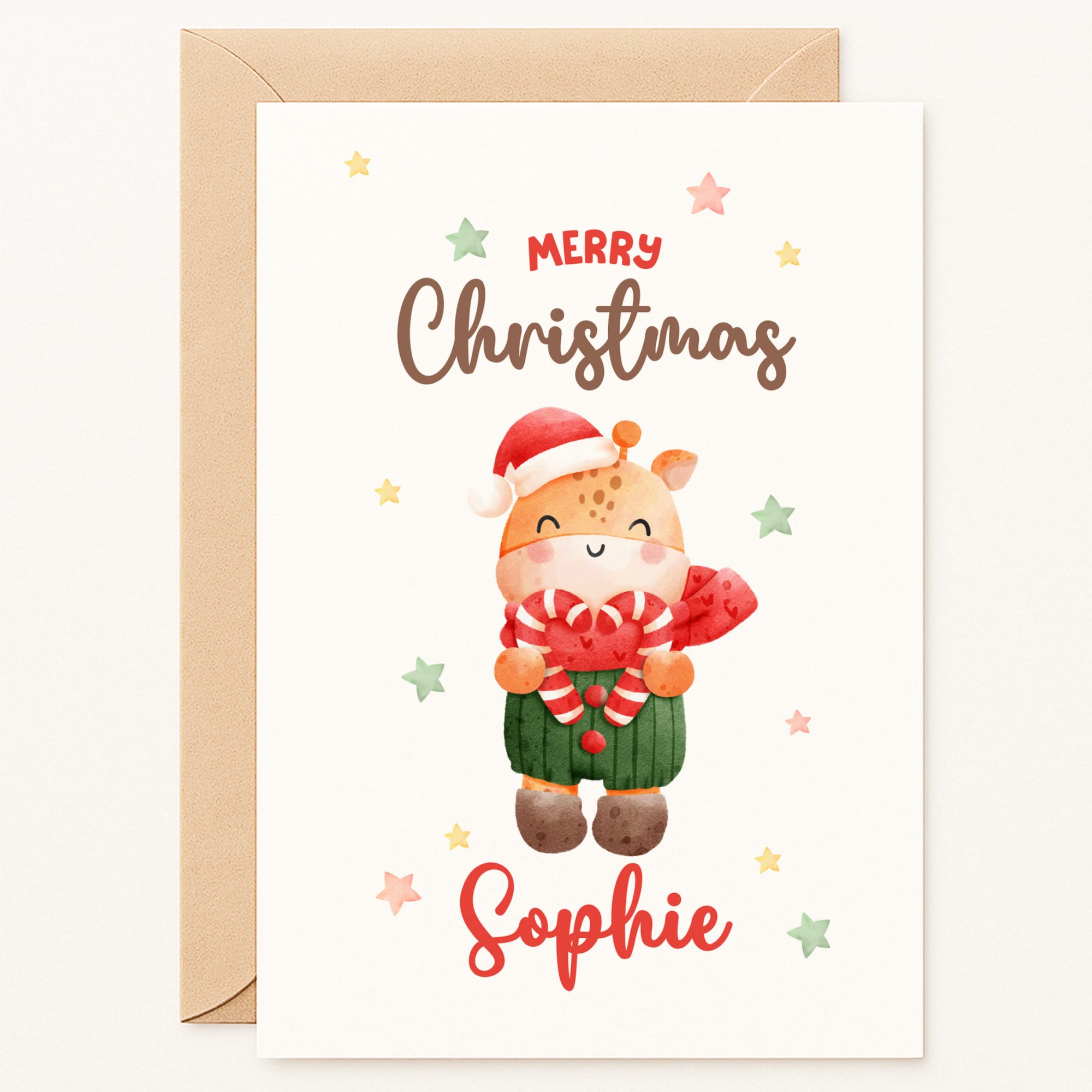 Christmas card with a cartoon reindeer wearing a Santa hat and scarf, text 'Merry Christmas Sophie', on a white background.