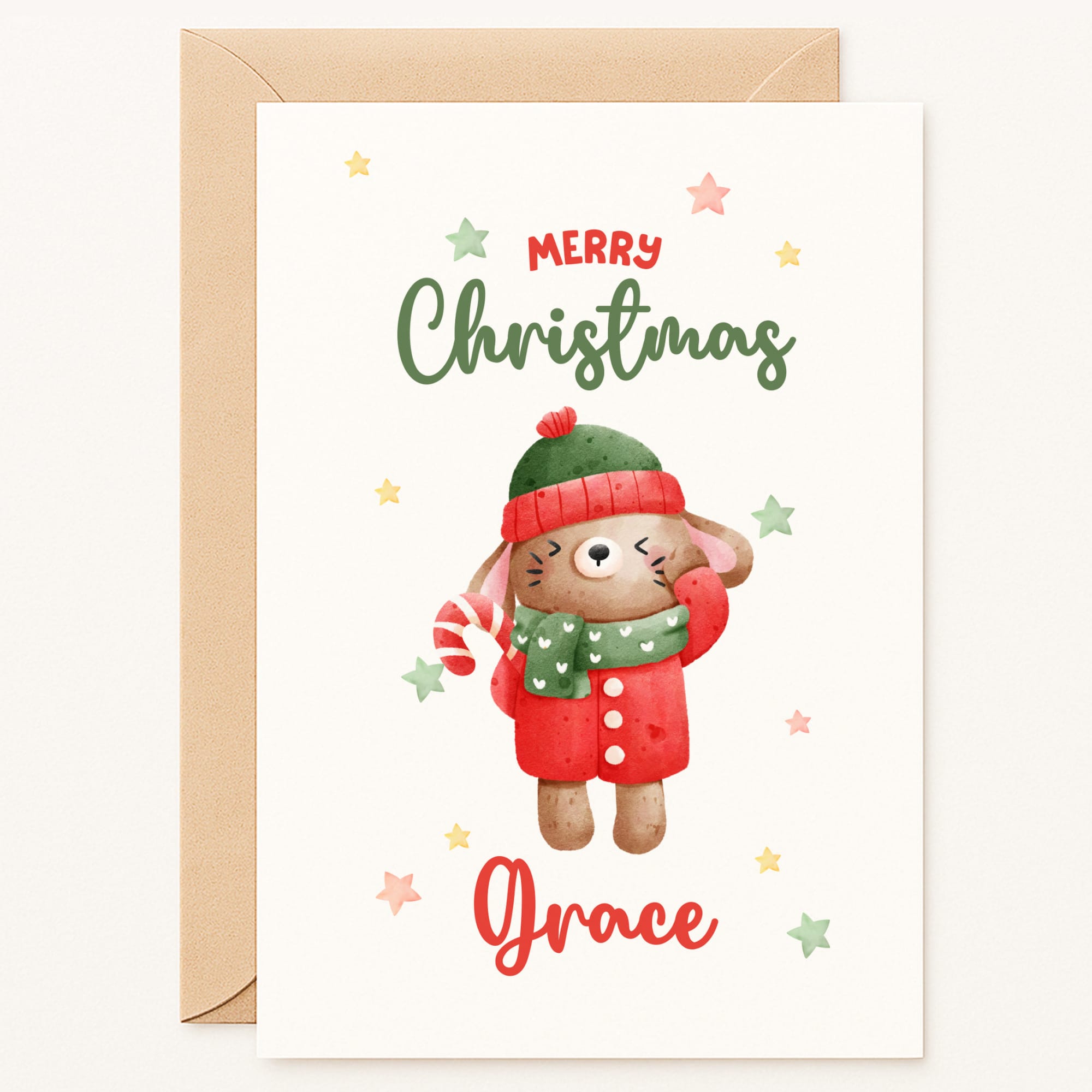 Christmas card with a bunny  illustration wearing a red coat and green hat, holding a candy cane, with 'Merry Christmas Grace' text.