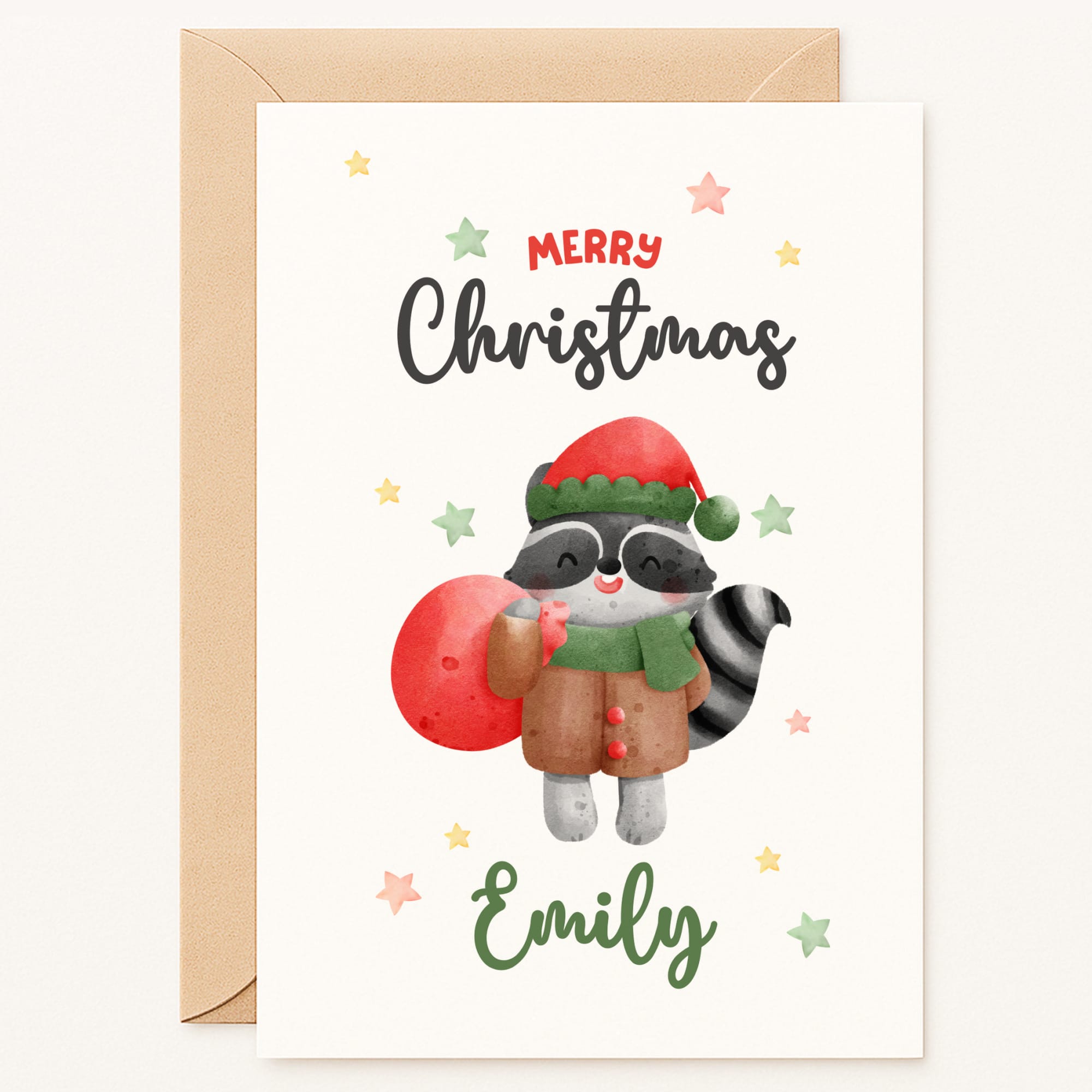 Christmas card with a raccoon holding a red ball and the text 'Merry Christmas Emily' on a white background.