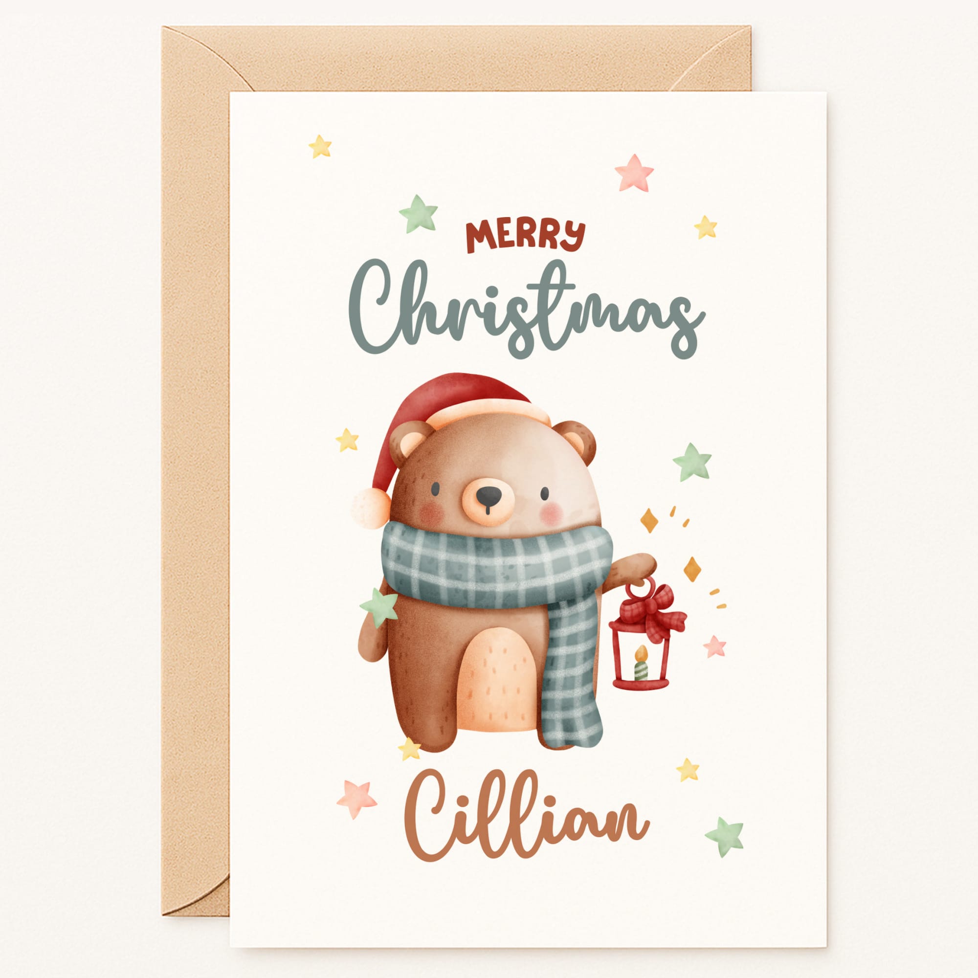 Christmas card with a bear wearing a Santa hat and scarf, holding a lantern, and the text 'Merry Christmas Cillian'.