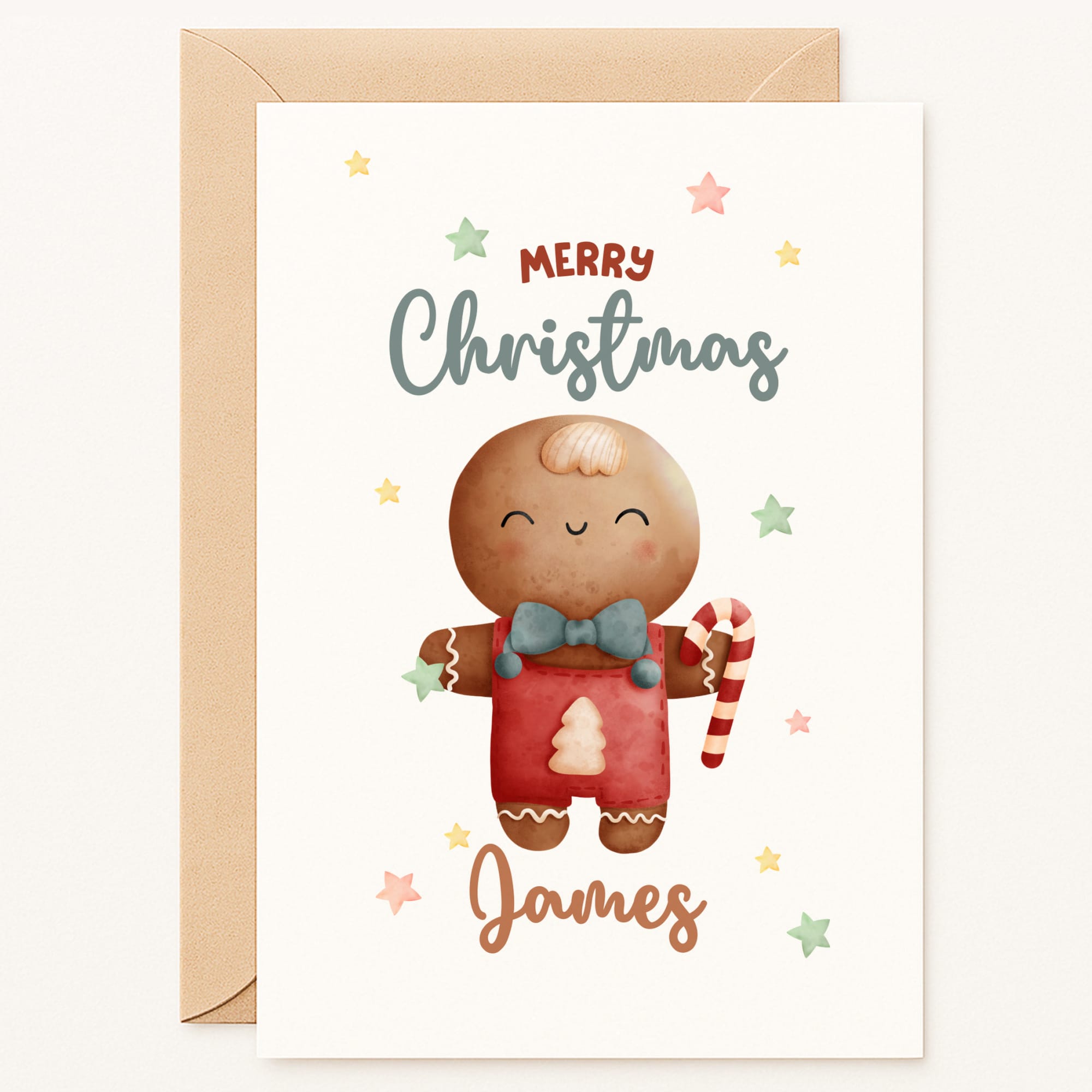 Christmas card with a gingerbread man design and 'Merry Christmas' text.