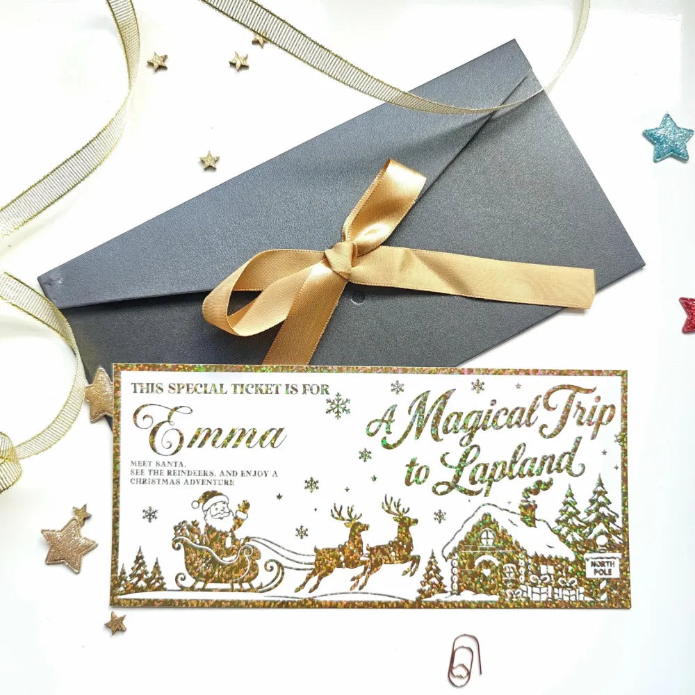 Gold glitter foil keepsake ticket for emma in a magical trip to lapland christmas surprise card with kraft envelope
