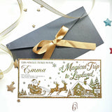 Gold glitter foil keepsake ticket for emma in a magical trip to lapland christmas surprise card with kraft envelope