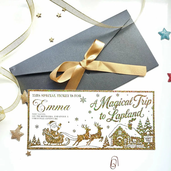 Gold glitter foil keepsake ticket for emma in a magical trip to lapland christmas surprise card with kraft envelope
