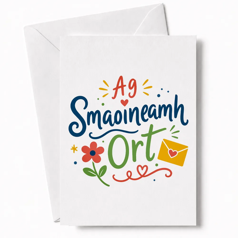 A white irish thinking of you card with colorful illustrated design featuring red flower green leaves and yellow envelope icon