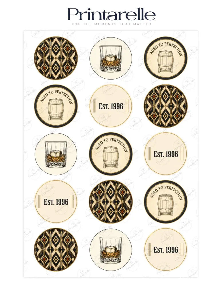 Printarelle edible cupcake toppers with vintage whiskey barrel and glass designs in black brown and cream tones