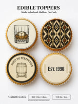 Delicate cream edible cupcake toppers with black line art featuring whiskey glass geometric patterns and aged barrel design