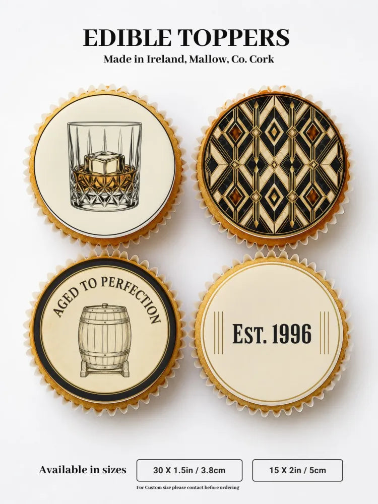 Delicate cream edible cupcake toppers with black line art featuring whiskey glass geometric patterns and aged barrel design