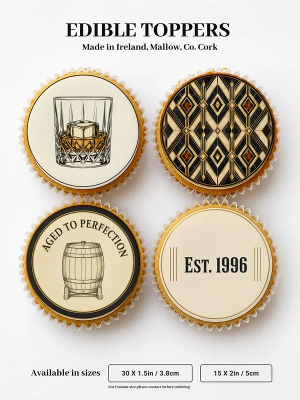 Delicate cream edible cupcake toppers with black line art featuring whiskey glass geometric patterns and aged barrel design