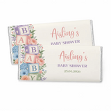 Personalized baby shower chocolate bars with pastel floral and alphabet blocks shower design 40g bars