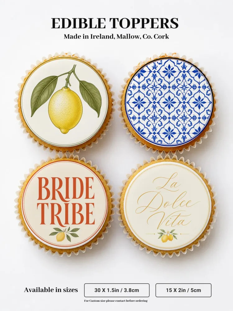 Four round edible lemon and tile design cupcake toppers for dolce vita hen party fun