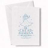 White wedding card with blue line drawing of dancing couple and an chéad damhsa text for wedding day cards