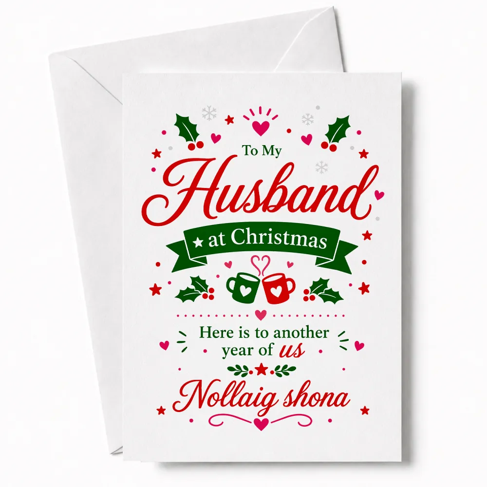 White husband christmas card with red green holly hearts coffee mugs design and white envelope for nollaig shona wishes