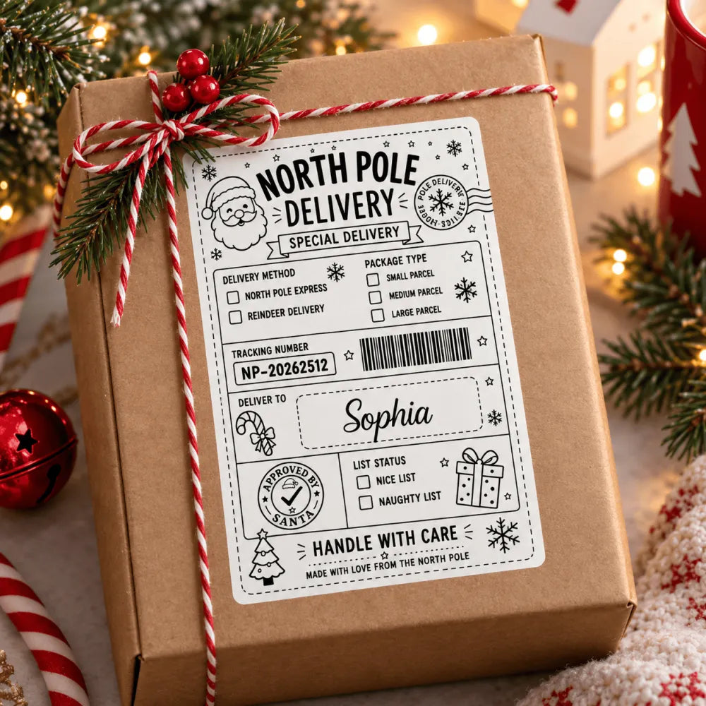 A festive brown cardboard gift box with red and white ribbon and north pole delivery gift labels for the nice list