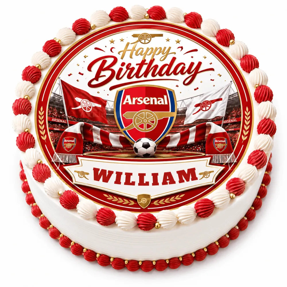 Red and white frosted arsenal fc birthday cake with edible cake topper icing sheet featuring crest flags and william name banner