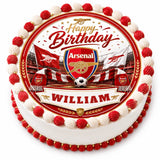 Red and white frosted arsenal fc birthday cake with edible cake topper icing sheet featuring crest flags and william name banner