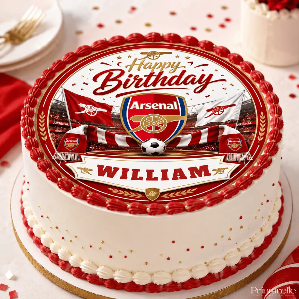 White arsenal fc edible cake topper with red and gold icing sheet featuring club crest flags and william banner