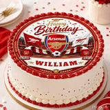 White arsenal fc edible cake topper with red and gold icing sheet featuring club crest flags and william banner