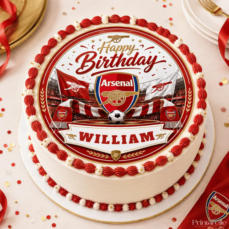 White edible cake topper with red and gold icing sheet featuring arsenal fc emblem for birthday cakes