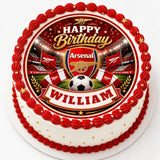 White birthday cake with red frosting and arsenal fc dark stadium cake topper icing sheet featuring name william