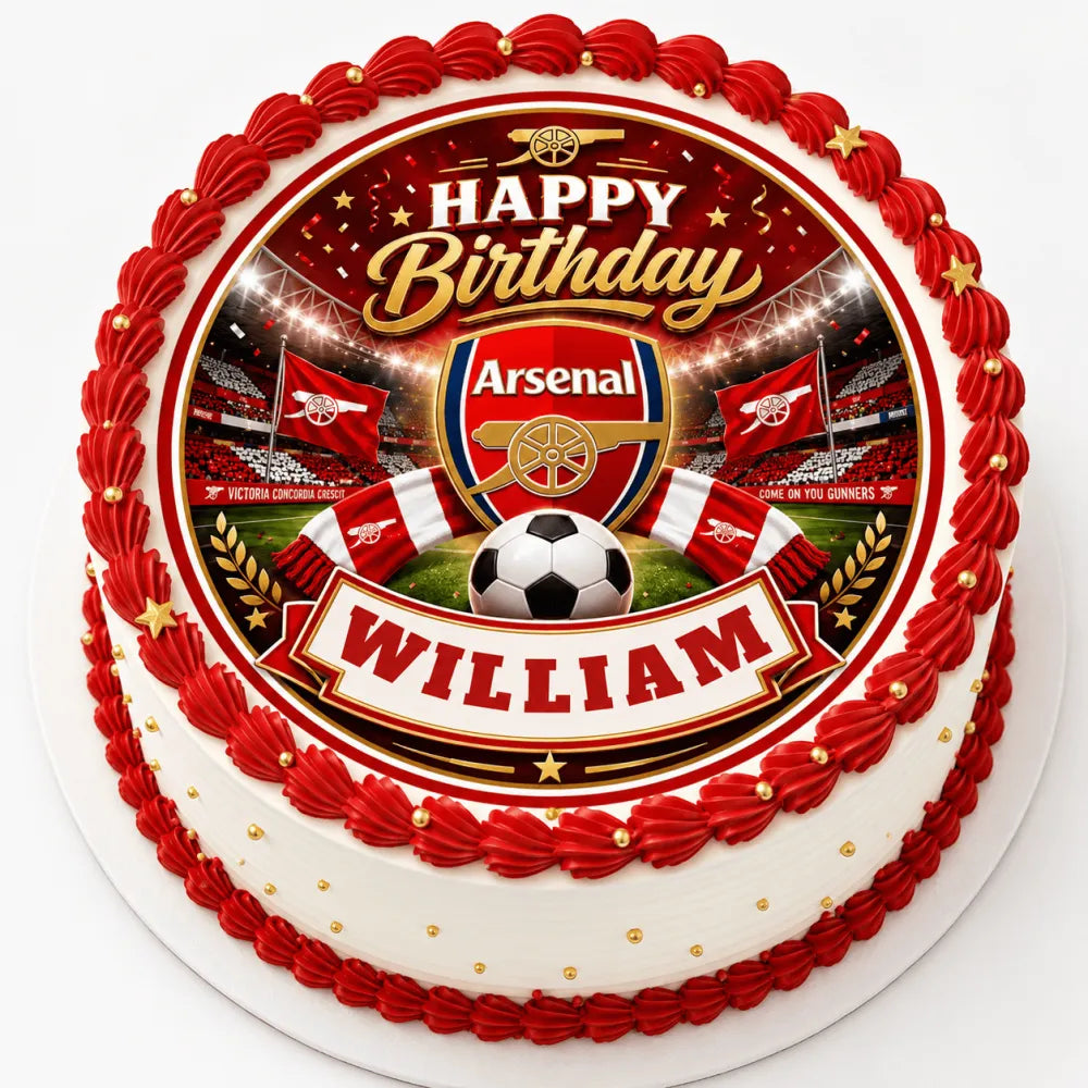 White birthday cake with red frosting and arsenal fc dark stadium cake topper icing sheet featuring name william