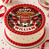 Red and white frosted birthday cake with arsenal fc dark stadium icing sheet cake topper featuring team crest and soccer ball