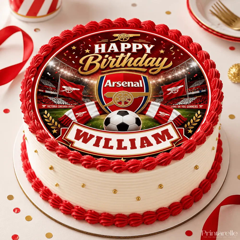 Red and white frosted birthday cake with arsenal fc dark stadium icing sheet cake topper featuring team crest and soccer ball