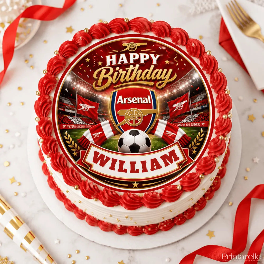 Red and white frosted arsenal fc dark stadium cake topper with edible icing sheet crest flags and soccer ball design