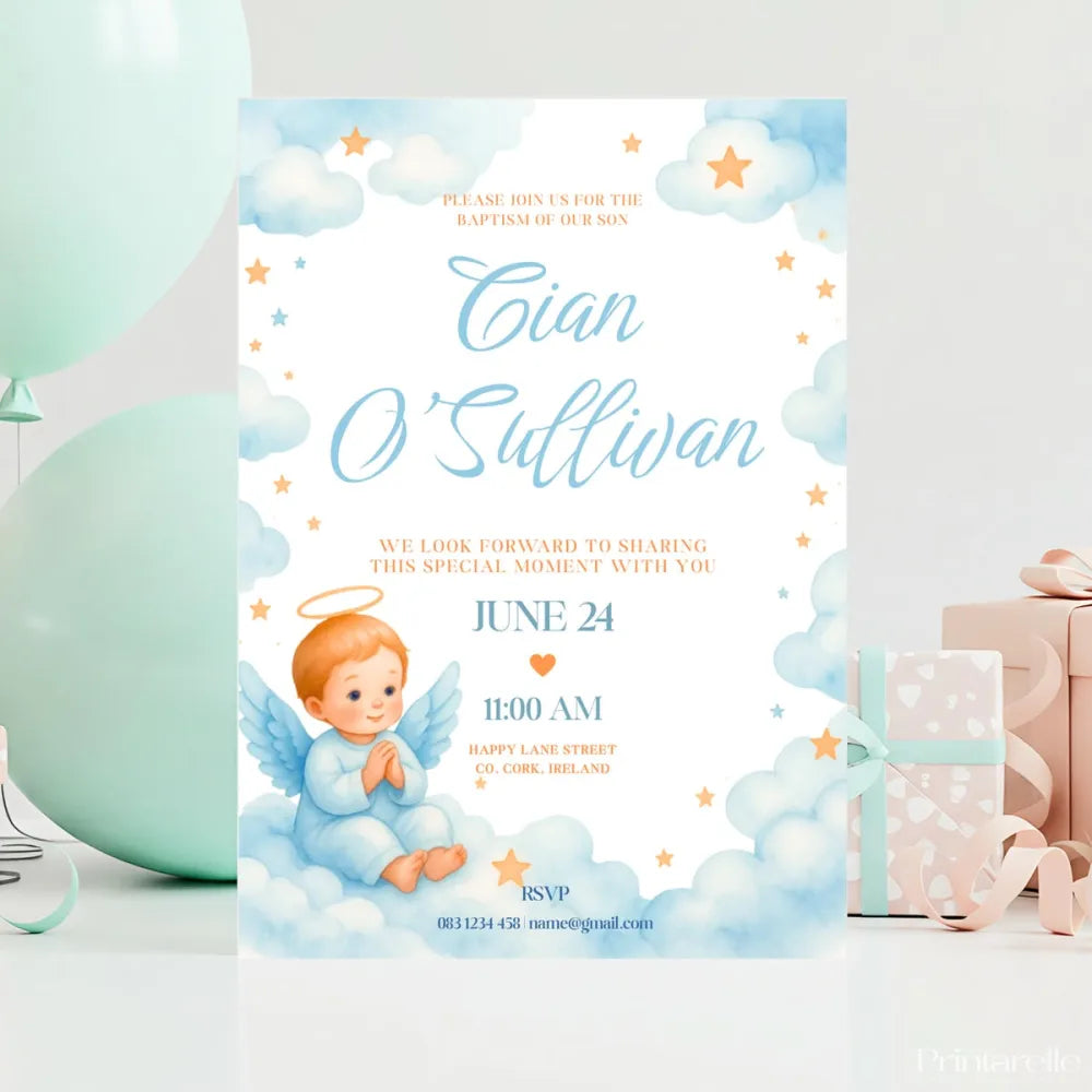 Baby Angel Boy Baptism Invitation | Clouds & Stars - baby angel, baby angel boy, angel boy baptism, angel boy, boy