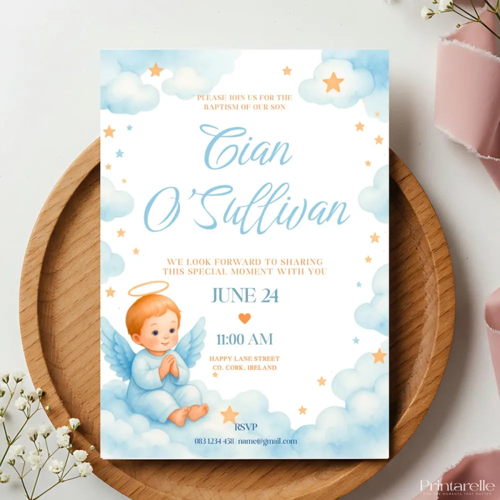 Baby Angel Boy Baptism Invitation | Clouds & Stars - baby angel, baby angel boy, angel boy baptism, angel boy, boy