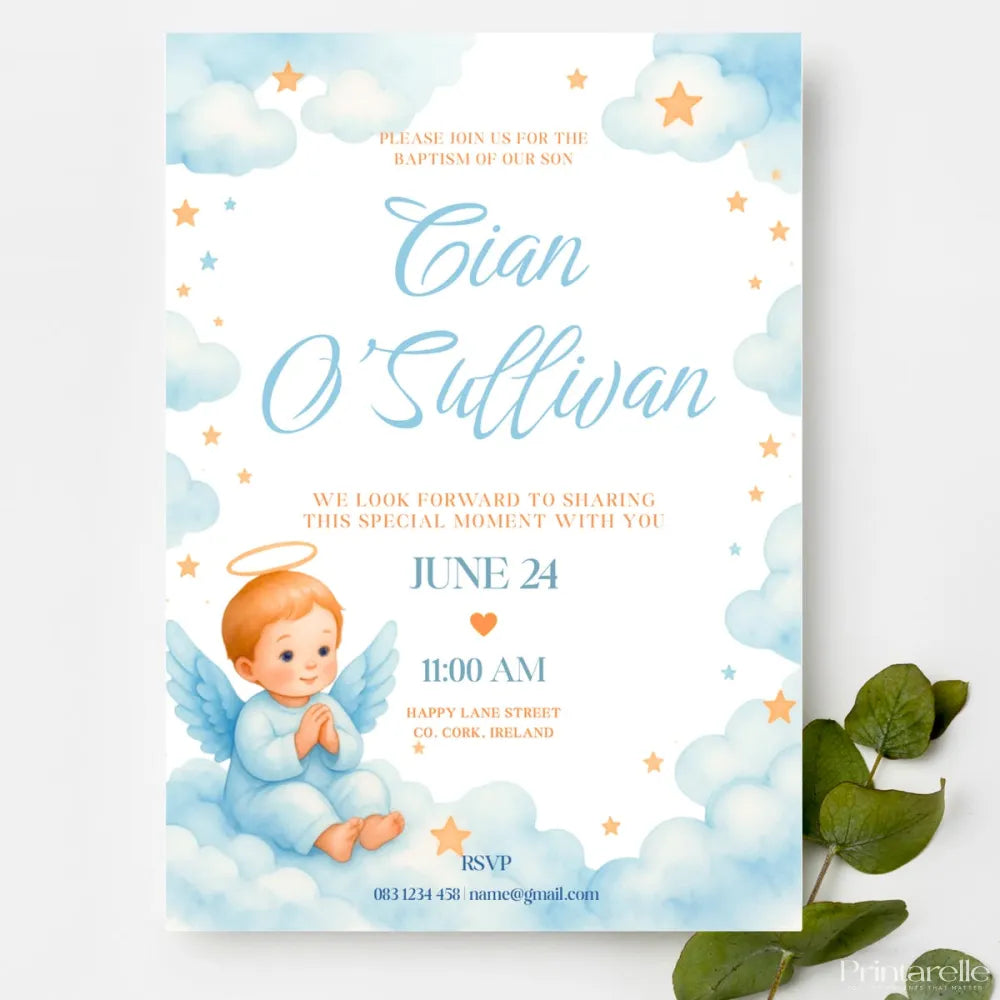 Baby Angel Boy Baptism Invitation | Clouds & Stars - baby angel, baby angel boy, angel boy baptism, angel boy, boy