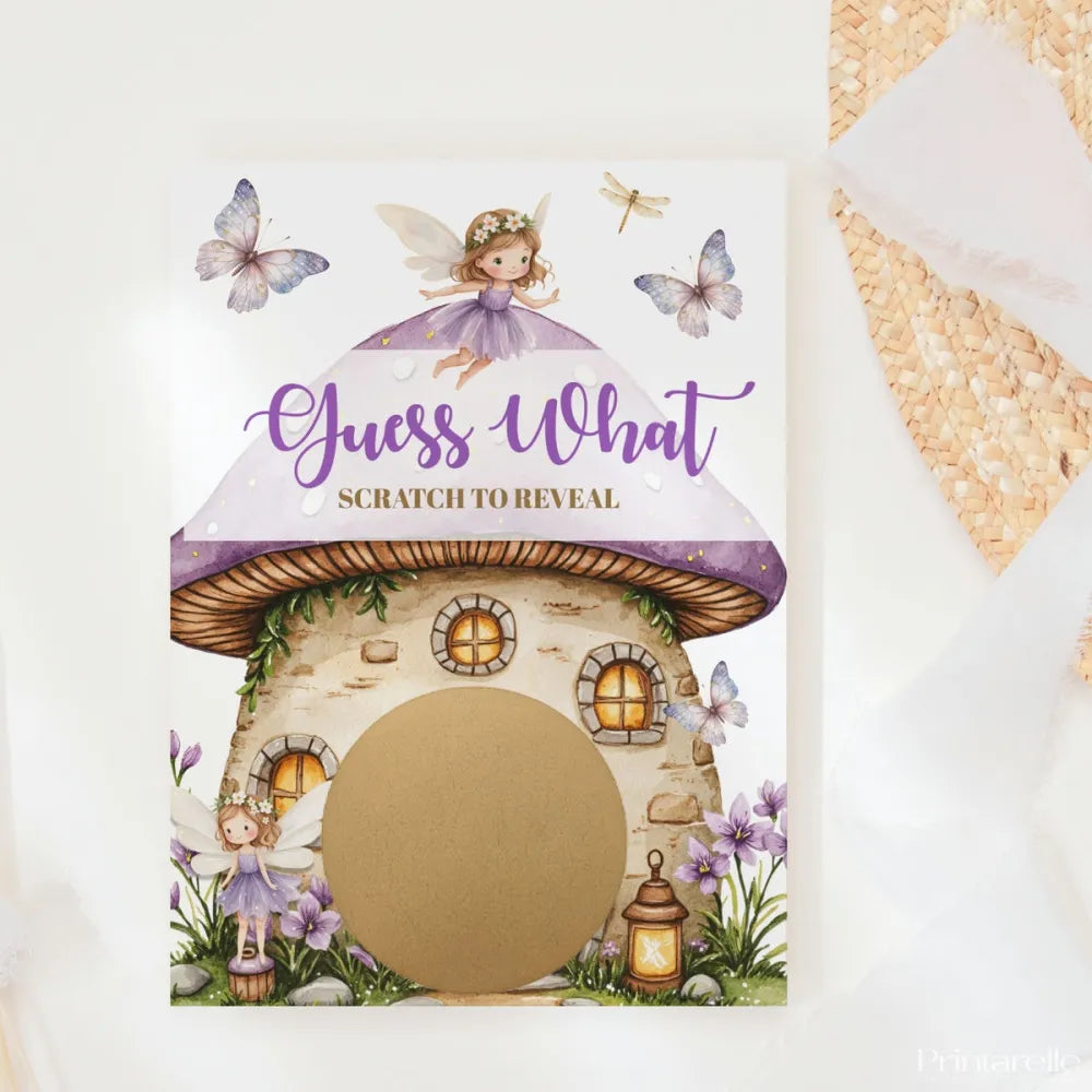 Baby Girl Gender Reveal Scratch Card – Guess What? | Fairy Mushroom House - Greeting Card - Printarelle