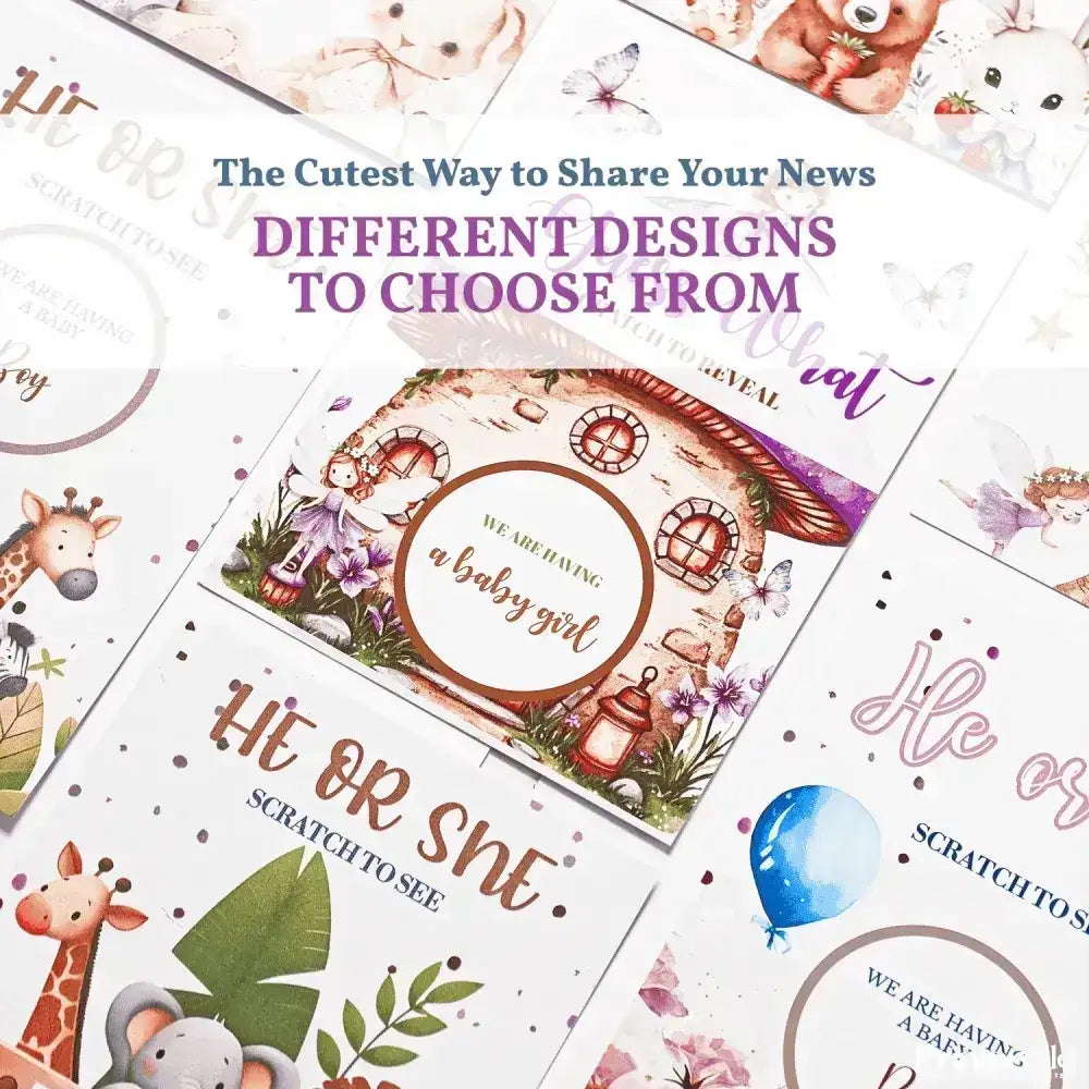 Collection of baby announcement cards with various designs and text.