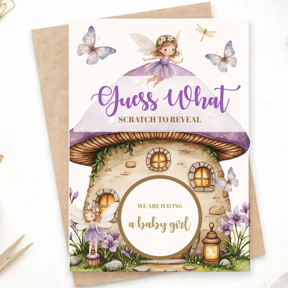 Baby Girl Gender Reveal Scratch Card – Guess What? | Fairy Mushroom House - Greeting Card - Printarelle