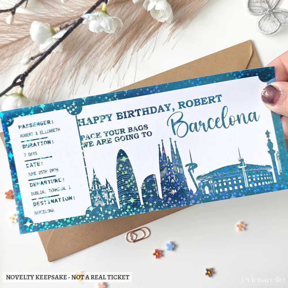 Barcelona Spain - Personalised City Destination Travel Ticket | Any Destination Reveal - teal holographic, travel