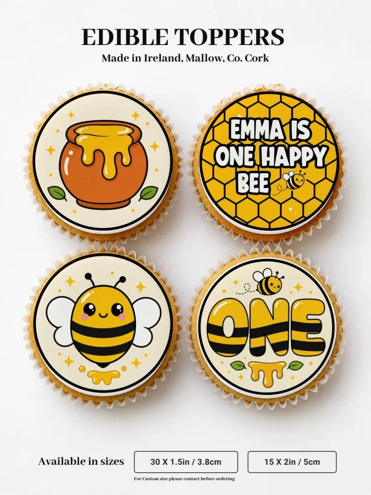Cute edible cupcake toppers with bumble bee and honey pot designs in yellow black white and orange for first birthday