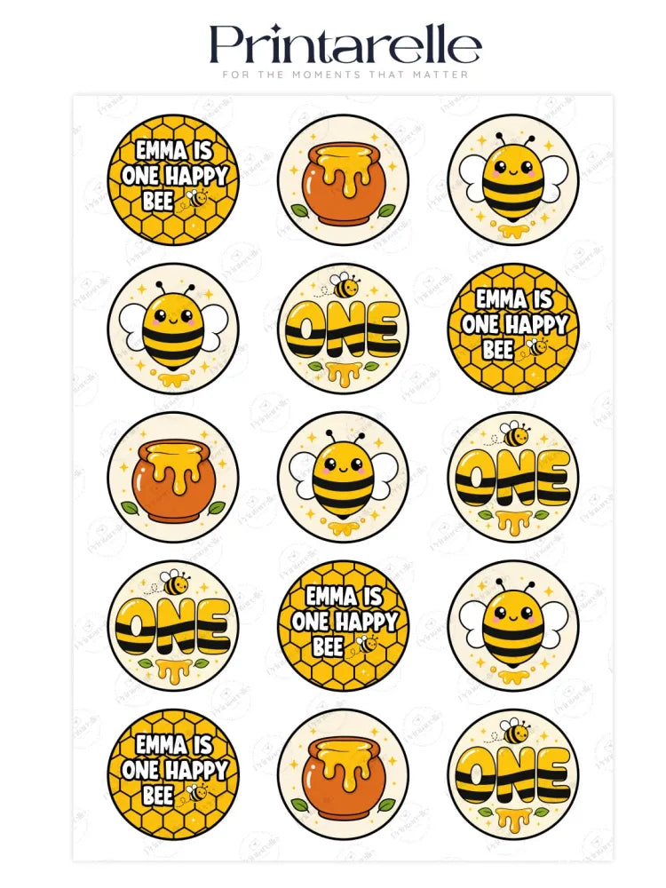 Cute circular bee and honey pot cupcake toppers with yellow and black bumble bee designs on white background